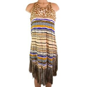 PARAH Women's Sleeveless Dress With Fringe Size Large Italy